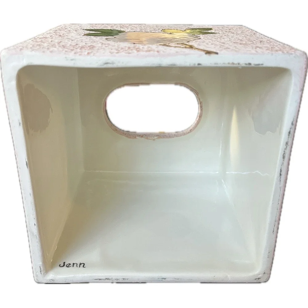 Texturized Heavy Ceramic Tissue Box Cover with Rose Vanity Decor, Artist Signed